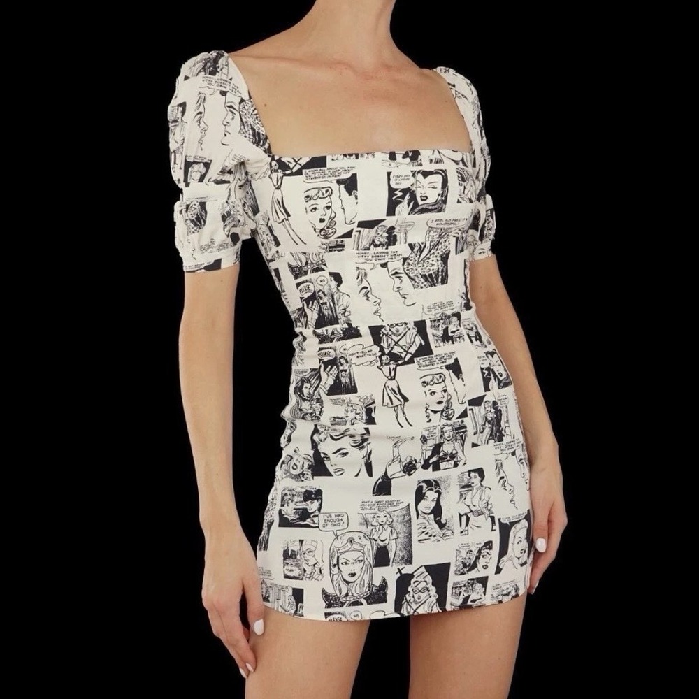 Reformation Sz 12 Lianne Newspaper Print‎ Mini Dress Black & White Puff Sleeve